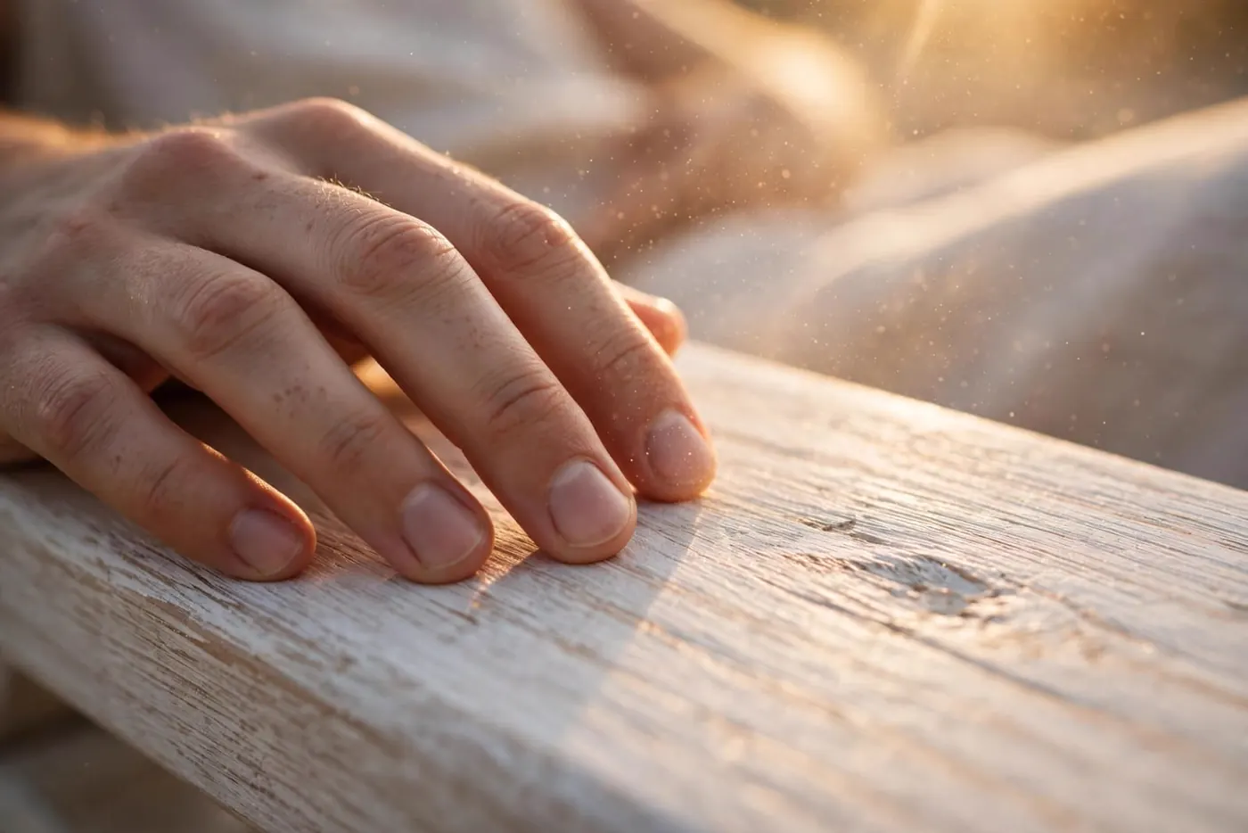Mano sobre una tabla de madera decapada