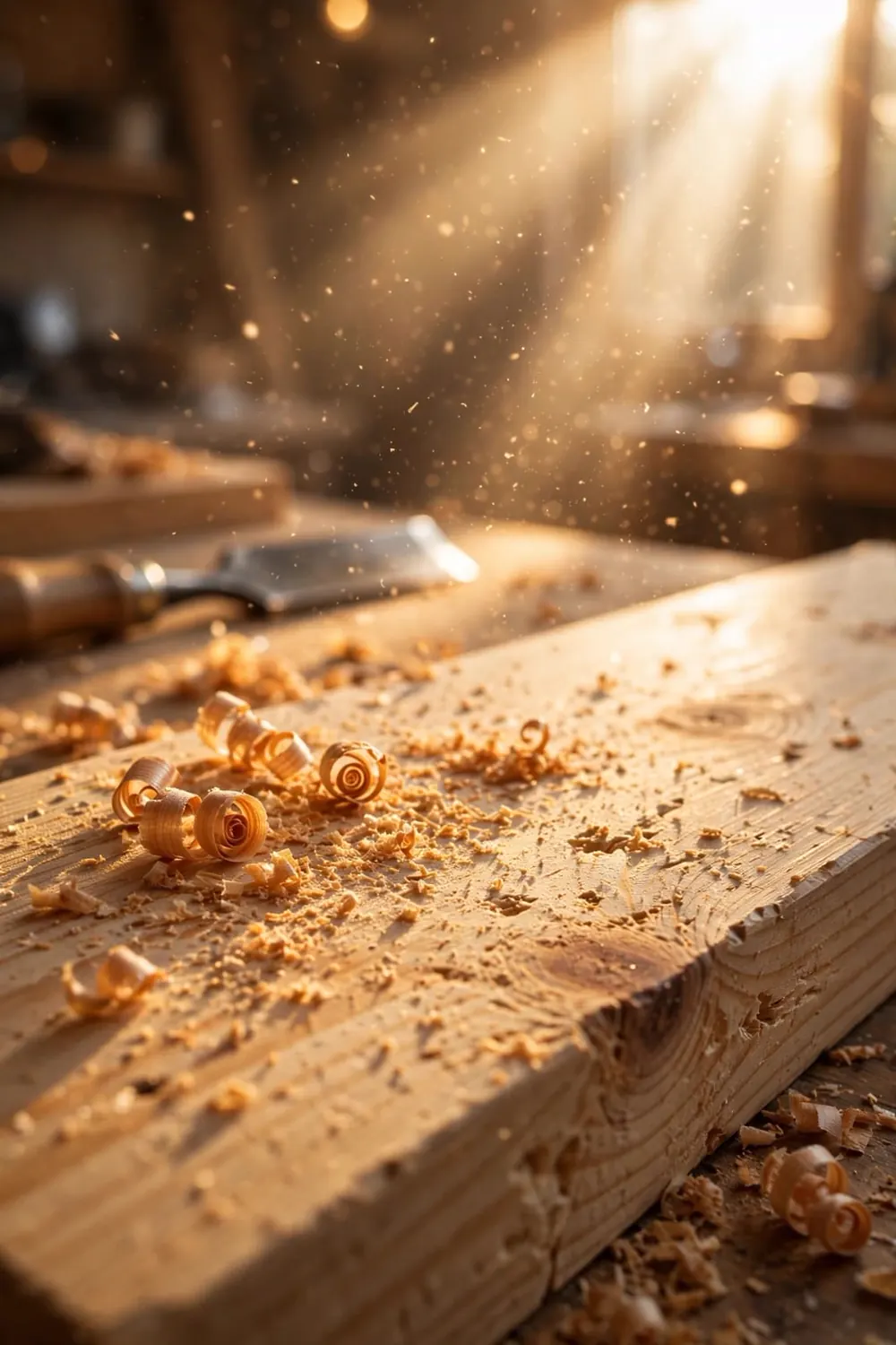 Tabla de madera recién cepillada, con viruta, en el banco del taller